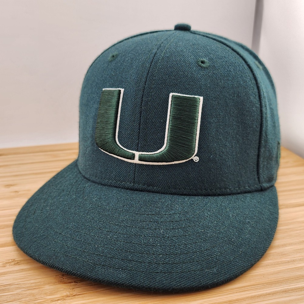 VTG Miami Hurricanes Hat Cap, Green on Green, 100% Wool, New Era 5950, 7 1/4