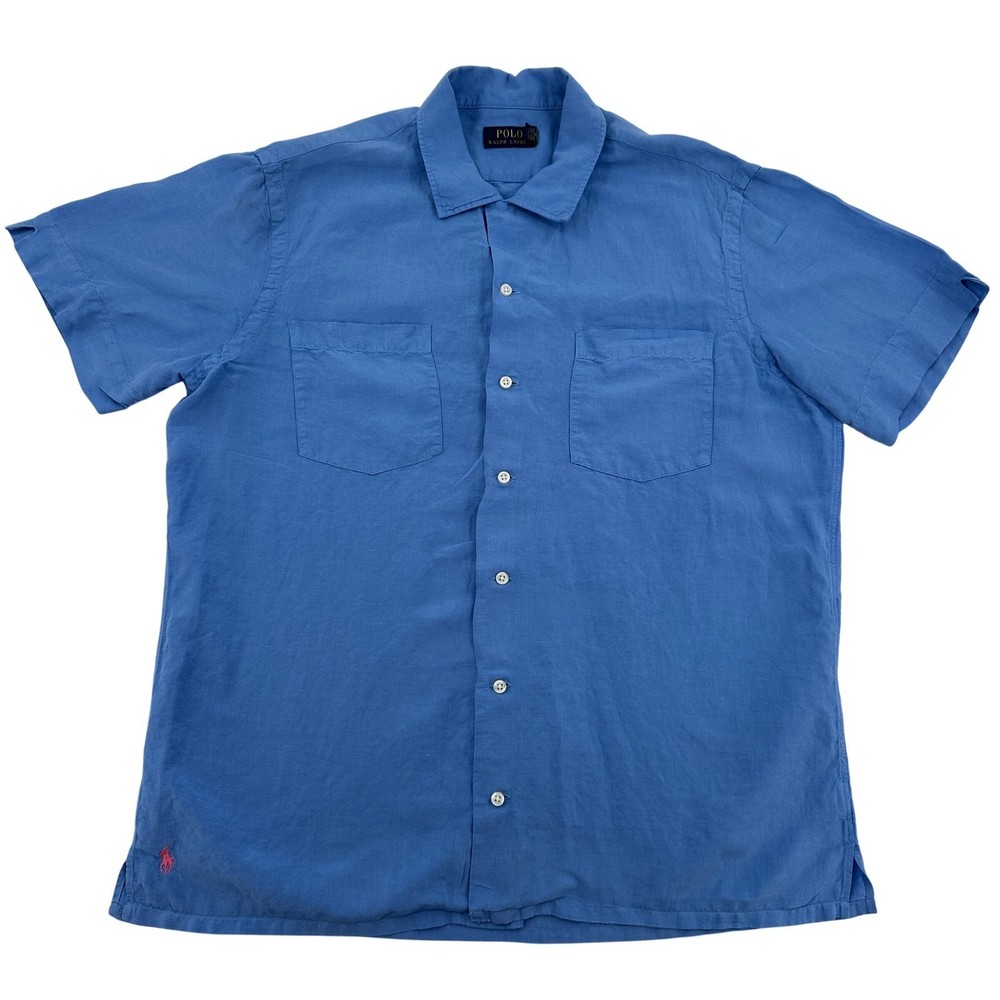 Polo Ralph Lauren Size L Preppy Mens Linen Silk Blend Short Sleeve Shirt Blue