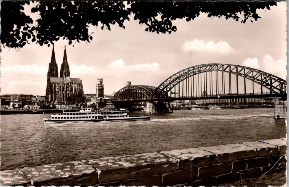 Cologne Germany Cathedral & Hohenzollern Bridge Rhine River Scene Postcard RPPC