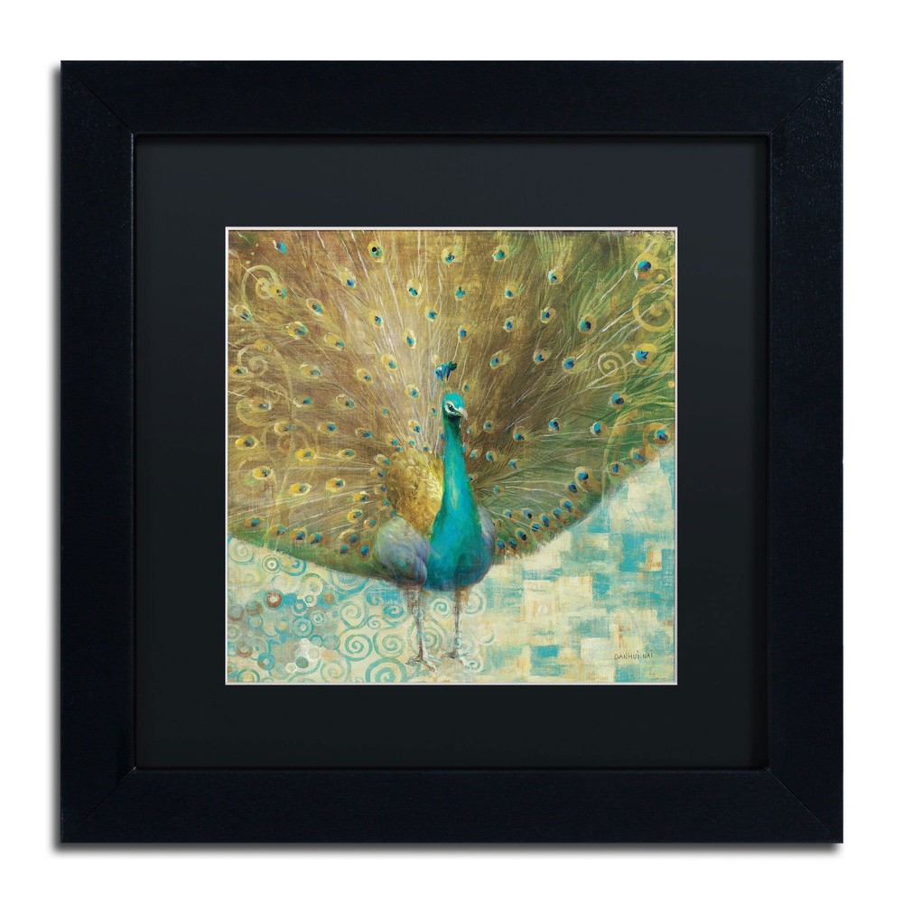 Teal Peacock Gold Black Matted Frame Danhui Nai Art 11x11