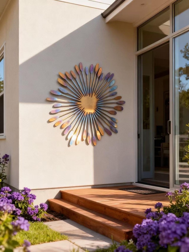 Heat Colored Metal Wacky Sun Outside Wall Art, Metal Wall Decor, Unique Patio