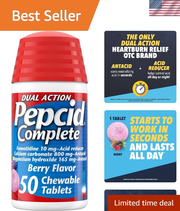 Complete Acid Reducer + Antacid Chewable Tablets, Heartburn Relief, Berry, 50...-image