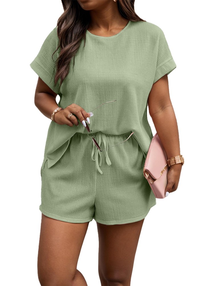 Womens Two Pieces Outfits Casual Lounge Sets Solid Batwing Sleeve Tee & Shorts#