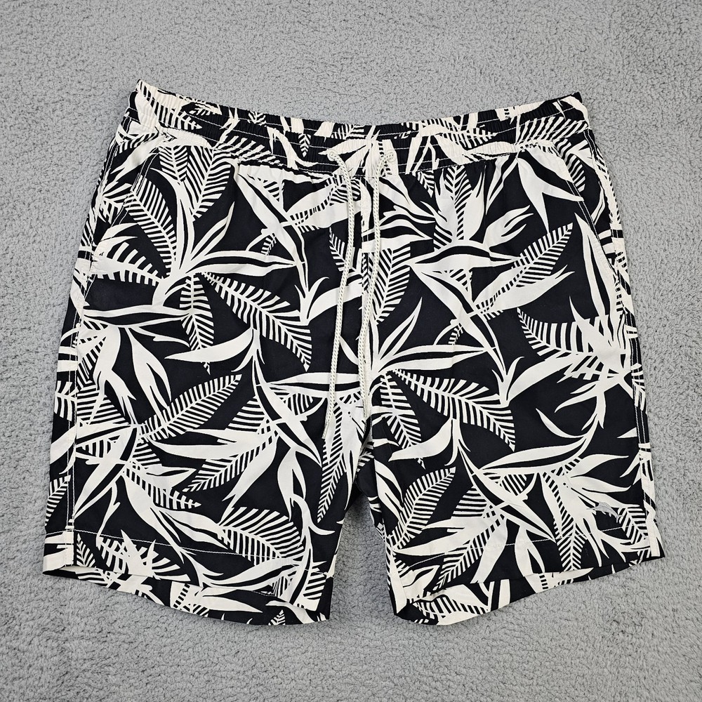 Tommy Bahama Swim Trunks Mens 2XL Black White Hawaiian Leaf Print Lined Shorts