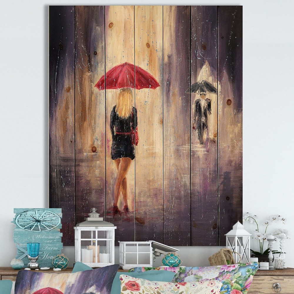 Designart Red Umbrella Lady Walking in Rain Canvas Art  