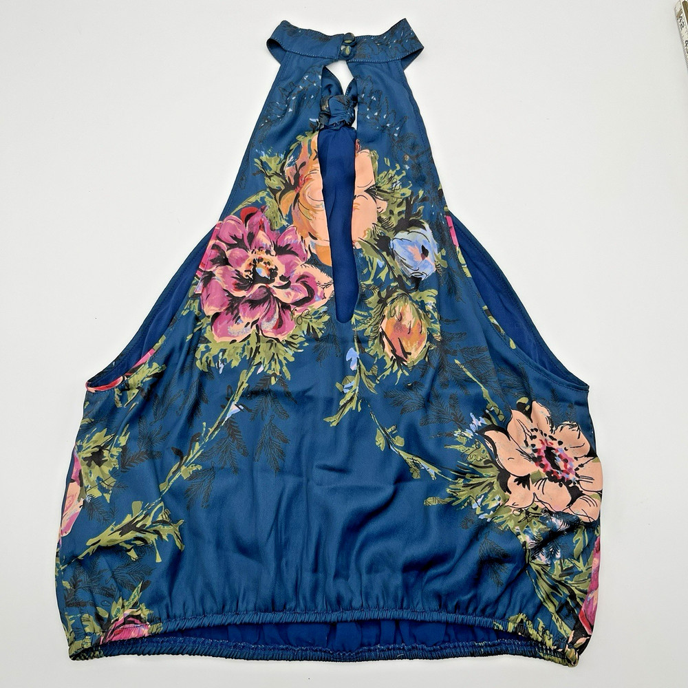 Free People Madagascar Womens Halter Neck Top Blue Floral Keyhole Smocked Bubble