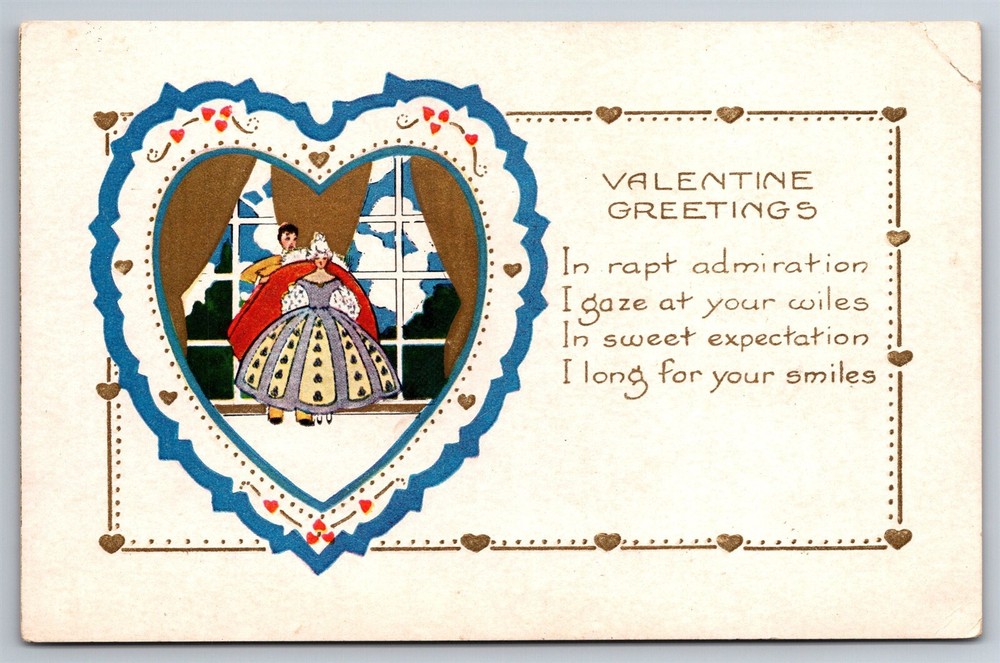 Valentine Greetings Couple Inside Heart Frame Embossed C1900's Postcard L29