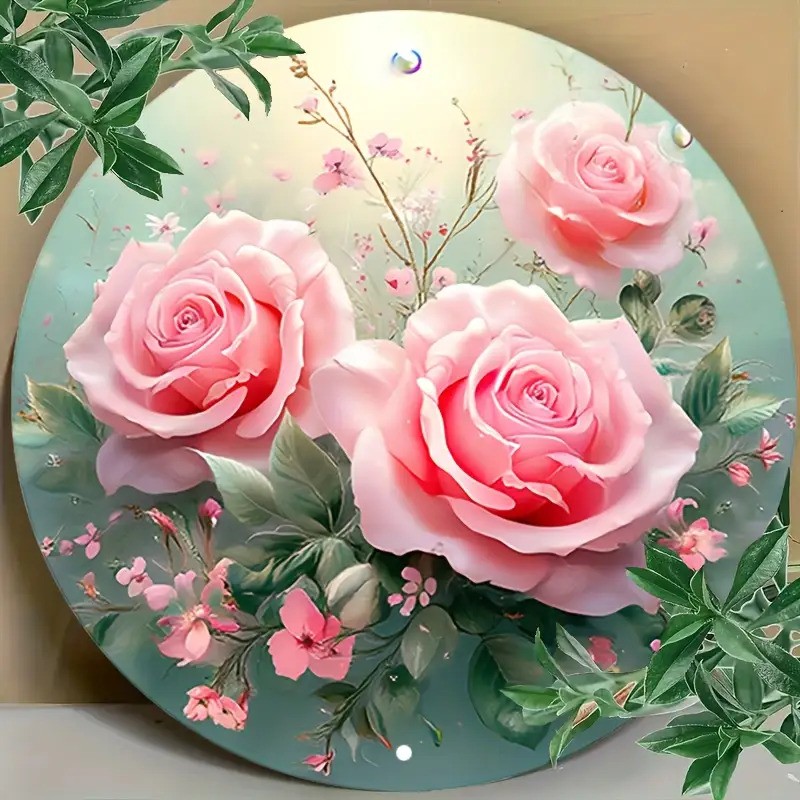 Round Aluminum Wall Art Humorous Pink Roses Floral Design Green Foliage