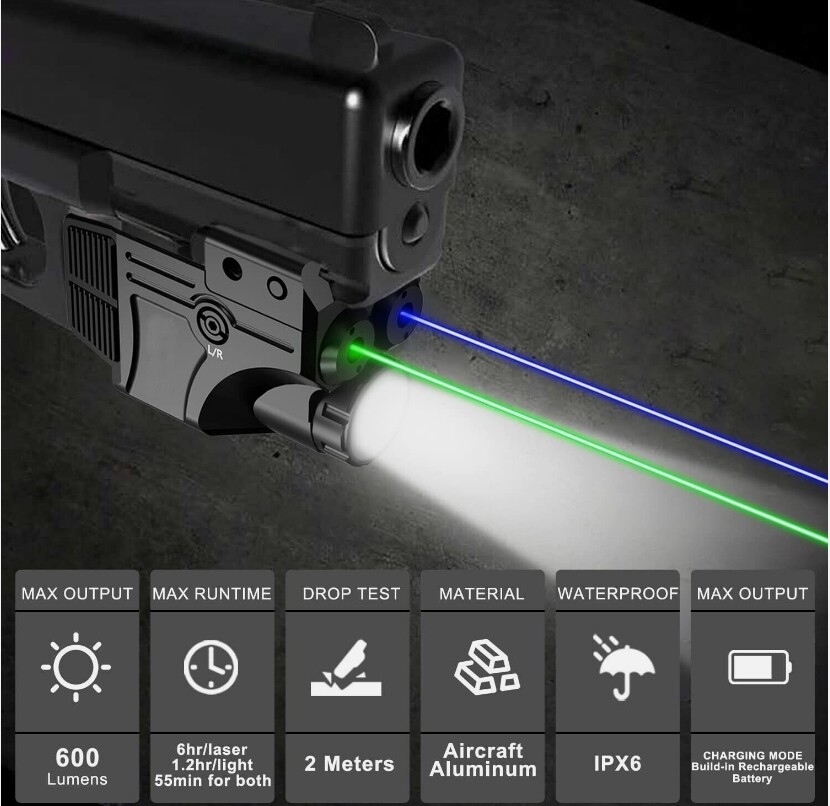 SOLOFISH Rechargeable Flashlight Green&Blue Laser Sight Pistol Picatinny Rail