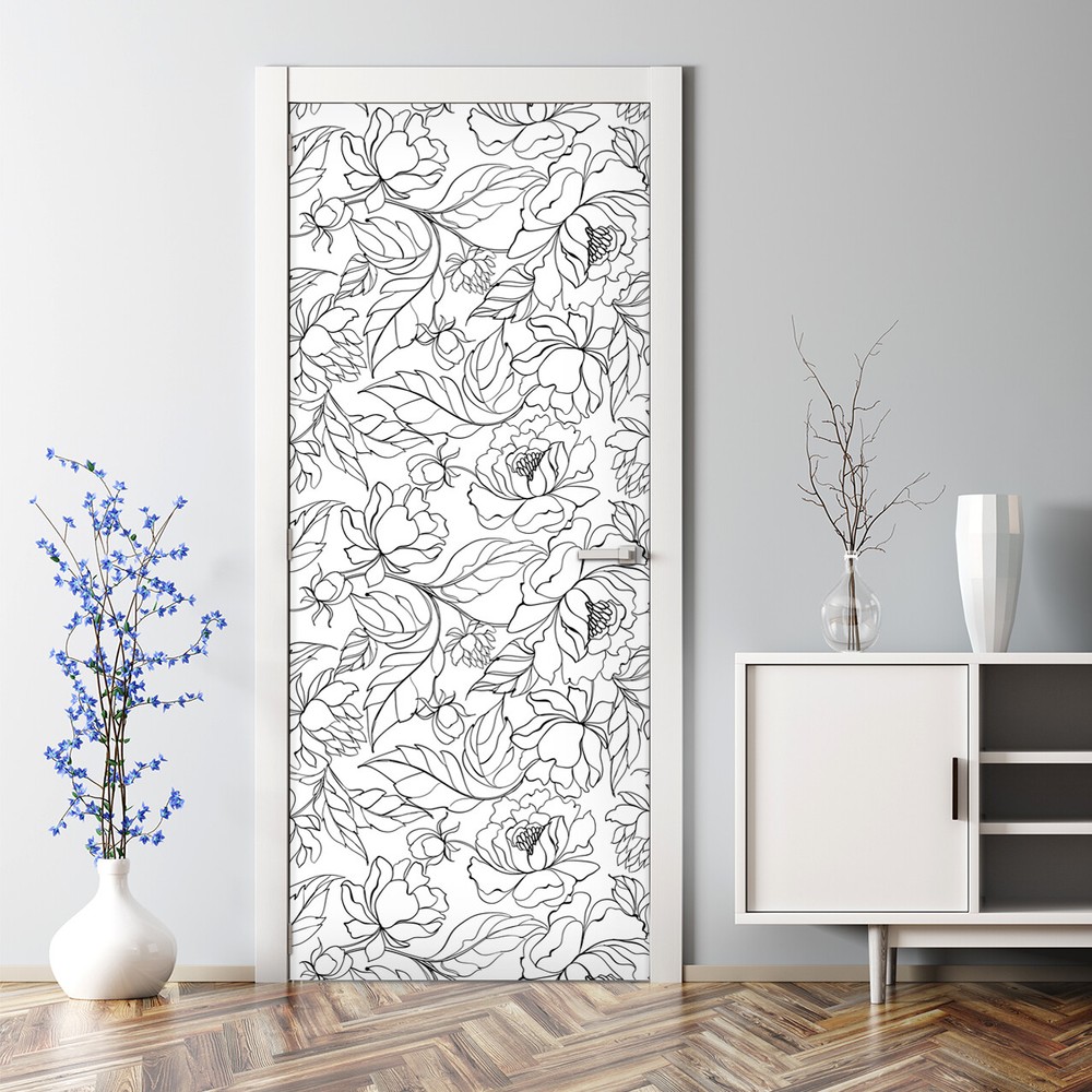 Peony Renters Floral Flower Mural Floral Black & White Self Adhesive Door Decal