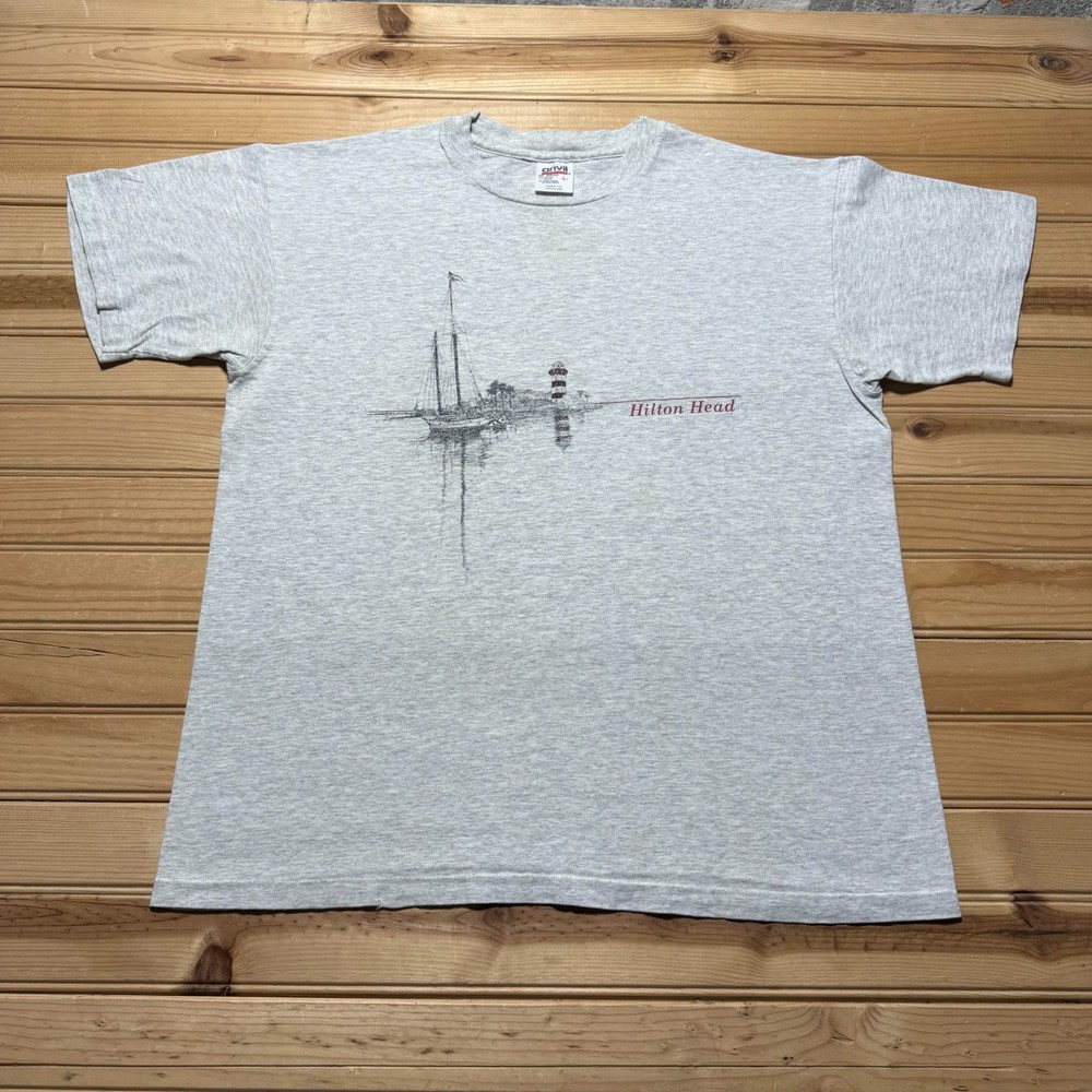 Vintage 90s Hilton Head Island Lighthouse Sailboat Souvenir T-Shirt USA - Large