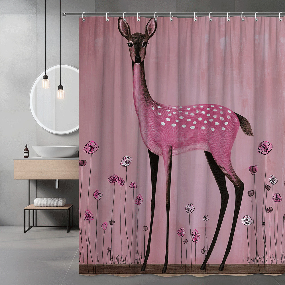 Pink Deer Shower Curtain Floral Meadow Animal Print