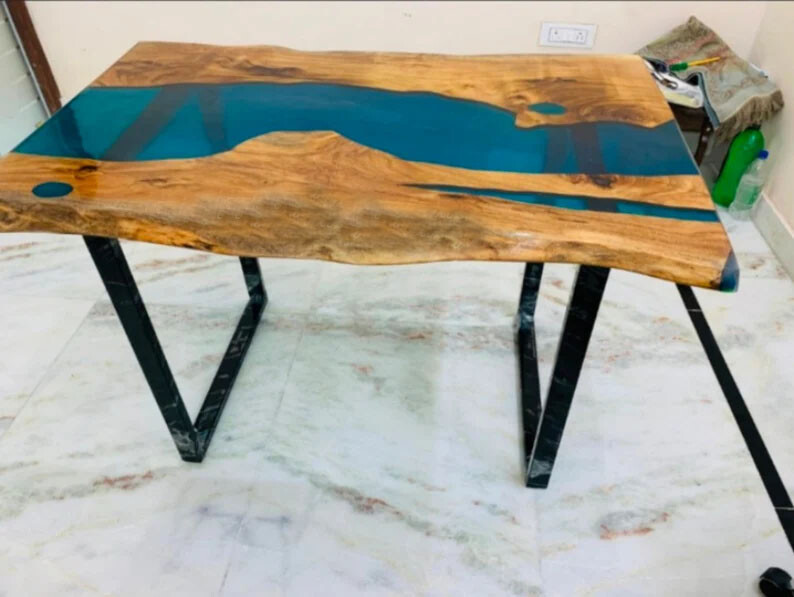 Epoxy Resin Blue River Coffee Table with Acacia Wood Base Handmade