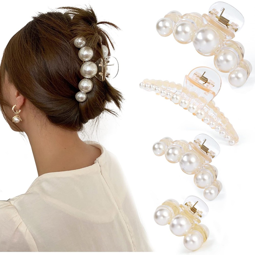 4 PCS Large Pearl Hair Claw Clips for Women Girls, Hair Barrette Clamps for Thic