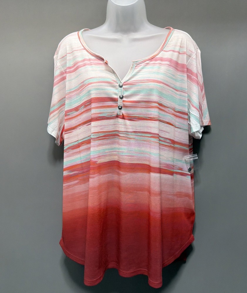 Croft &Barrow Multi Strip Abstract 1/4 Button Knit V-Neck Top Tunic Plus Size 2X
