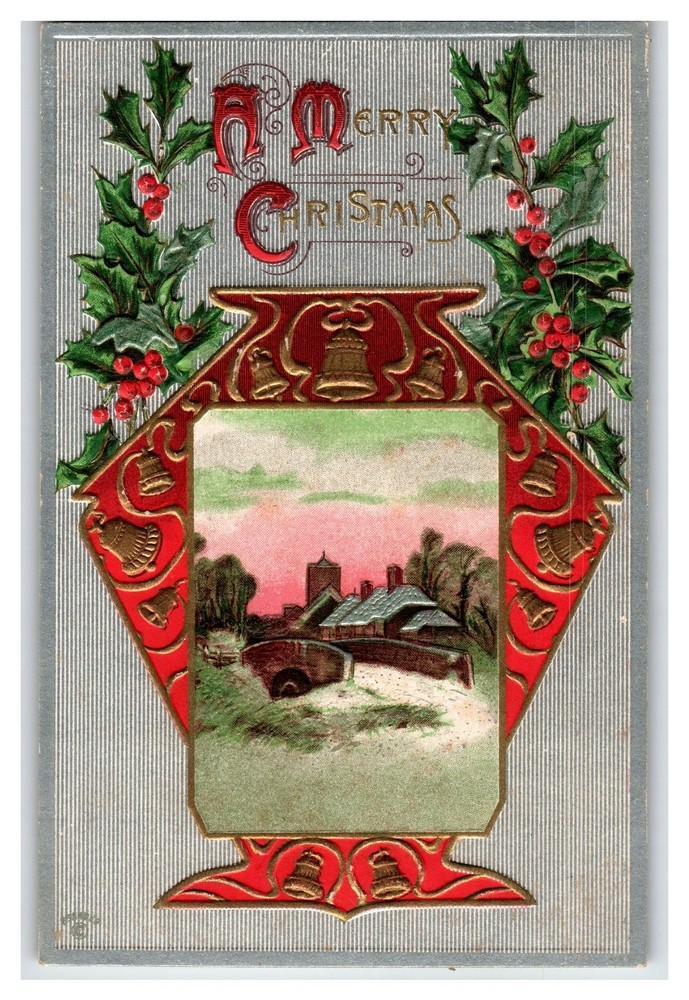 Vintage Embossed Merry Christmas Postcard with Holly & Bells