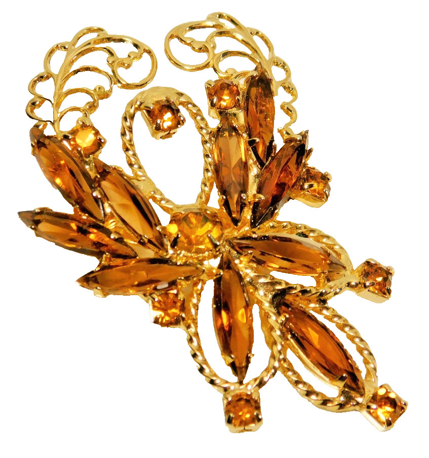 Vintage Gold Tone Amber Navette Rhinestone Corsage Statement Brooch Pin
