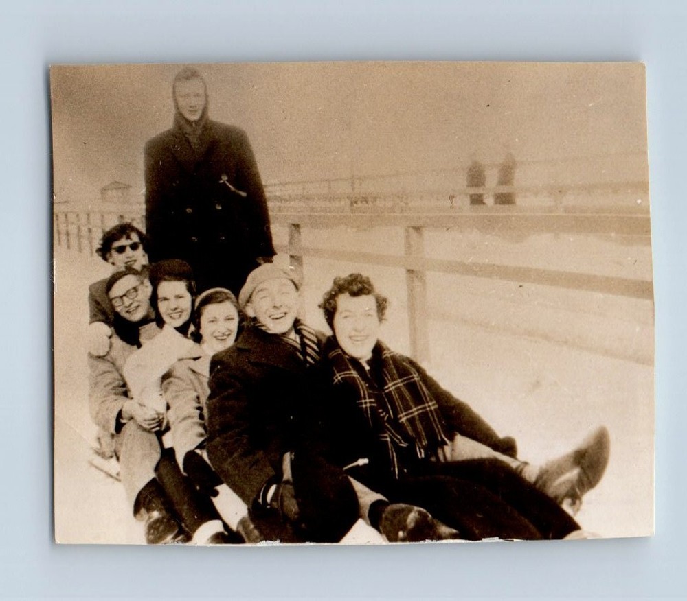 Old Vintage Photo MEN WOMEN ON SLED SNOW SLEDDING WINTER SCENE SNAPSHOT PIC