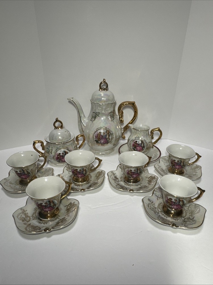 Antique Vintage Victorian Scene 16 piece China Tea set Musical Tea Pot Japan