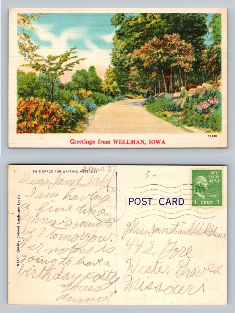 Wellman, IA-Iowa, Greetings Scenic Road Trees Landscape Vintage c1951 Postcard
