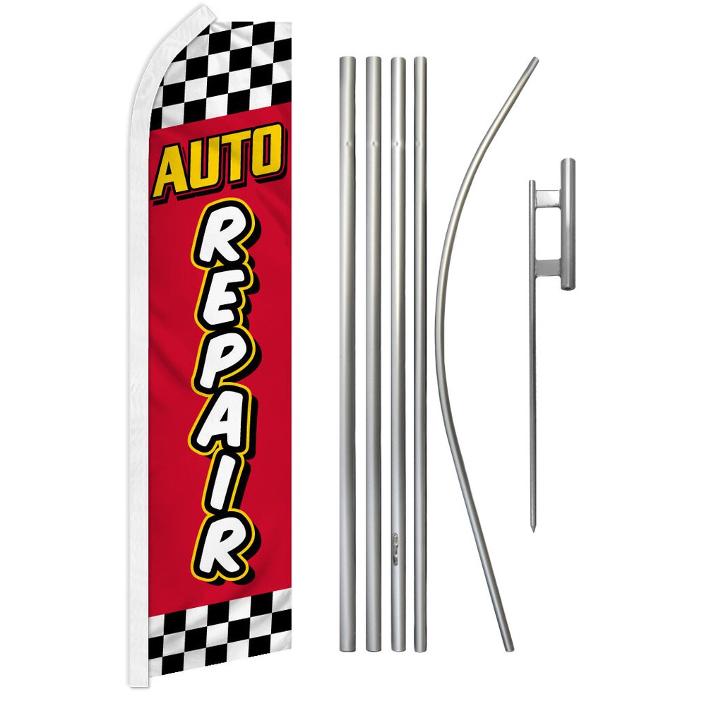 Auto Repair Advertising Swooper Feather Flutter Flag & Pole Kit Mechanic RED