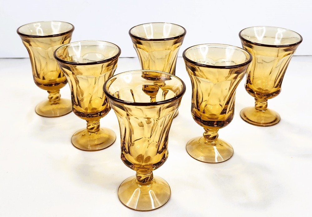 Set of 6 Vintage Fostoria Jamestown Amber Swirl Pedestal 4 3/4