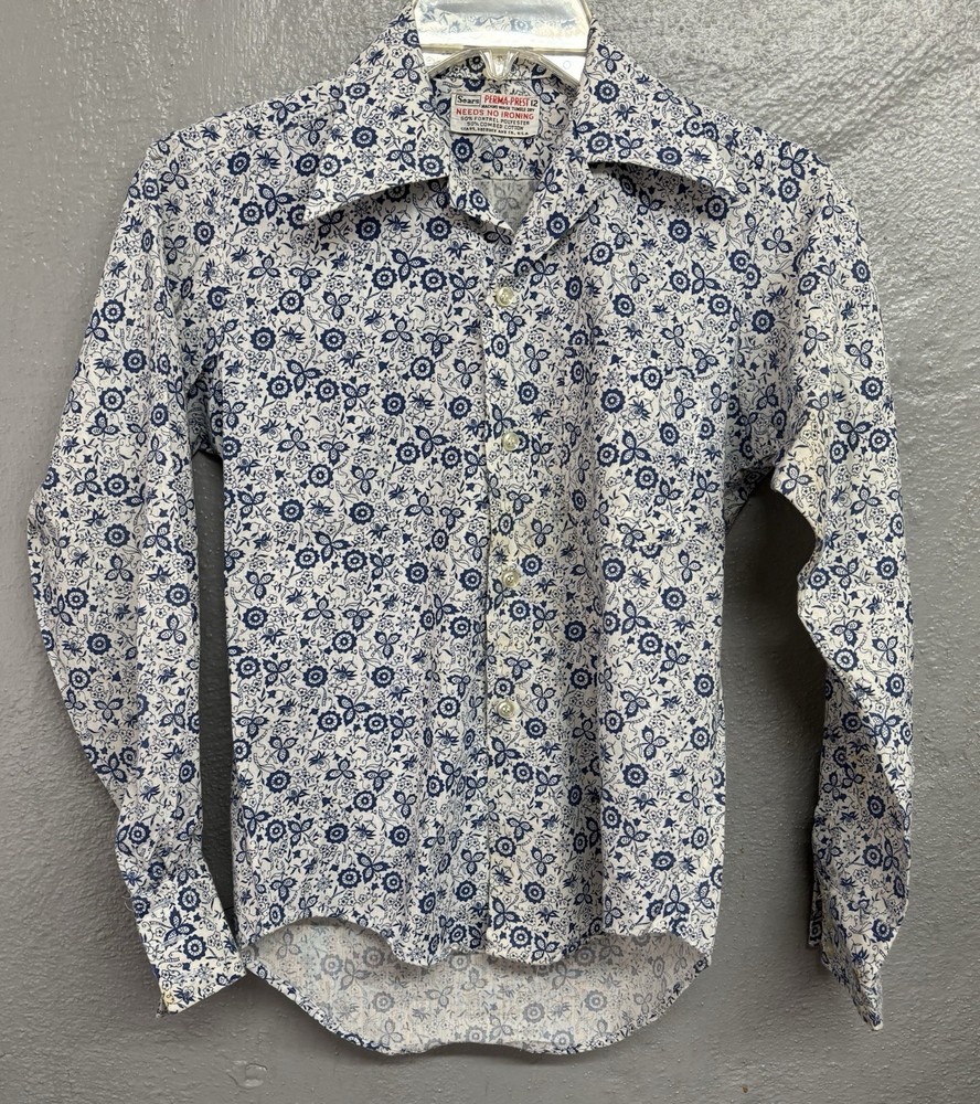 Sears Perma-Prest Vintage 60s Boys Shirt Size 12 Blue Flowers button up Collar