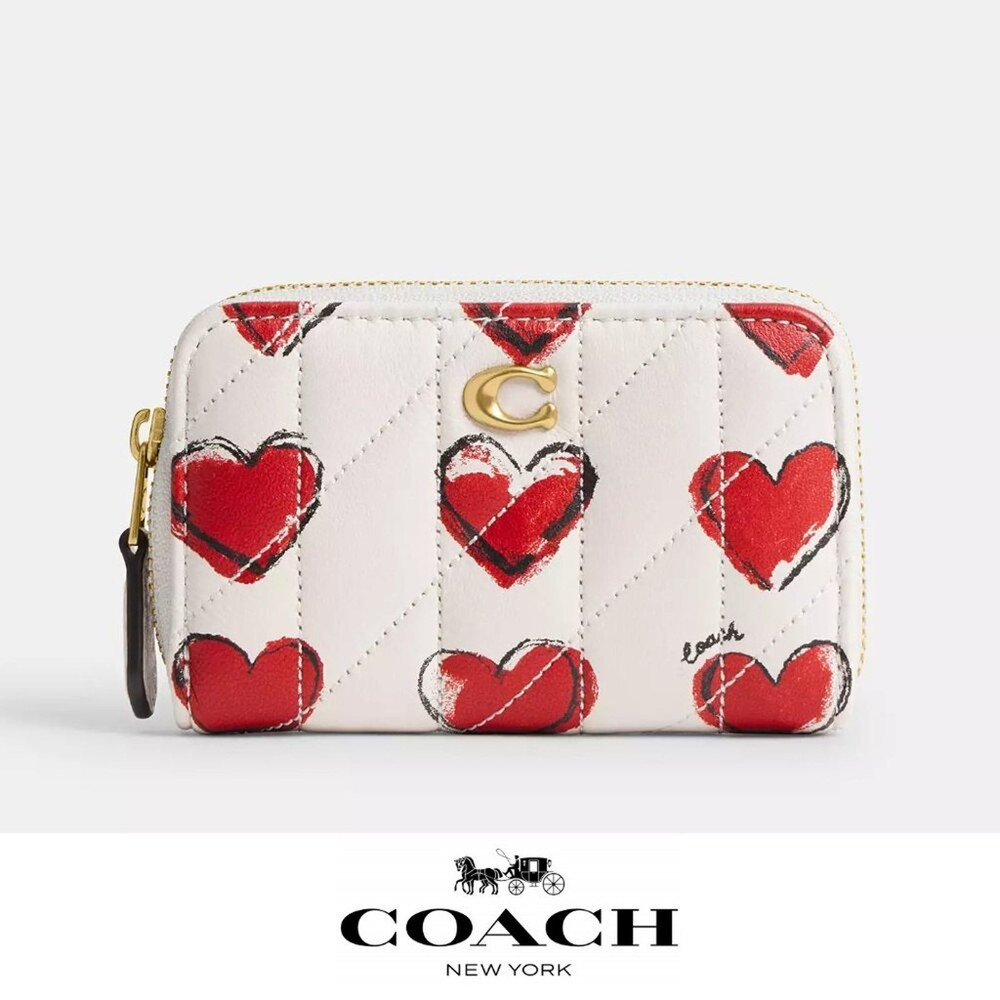 NWT ❤️ Coach Essential Small Zip Around Card Case With Quilting And Heart Print