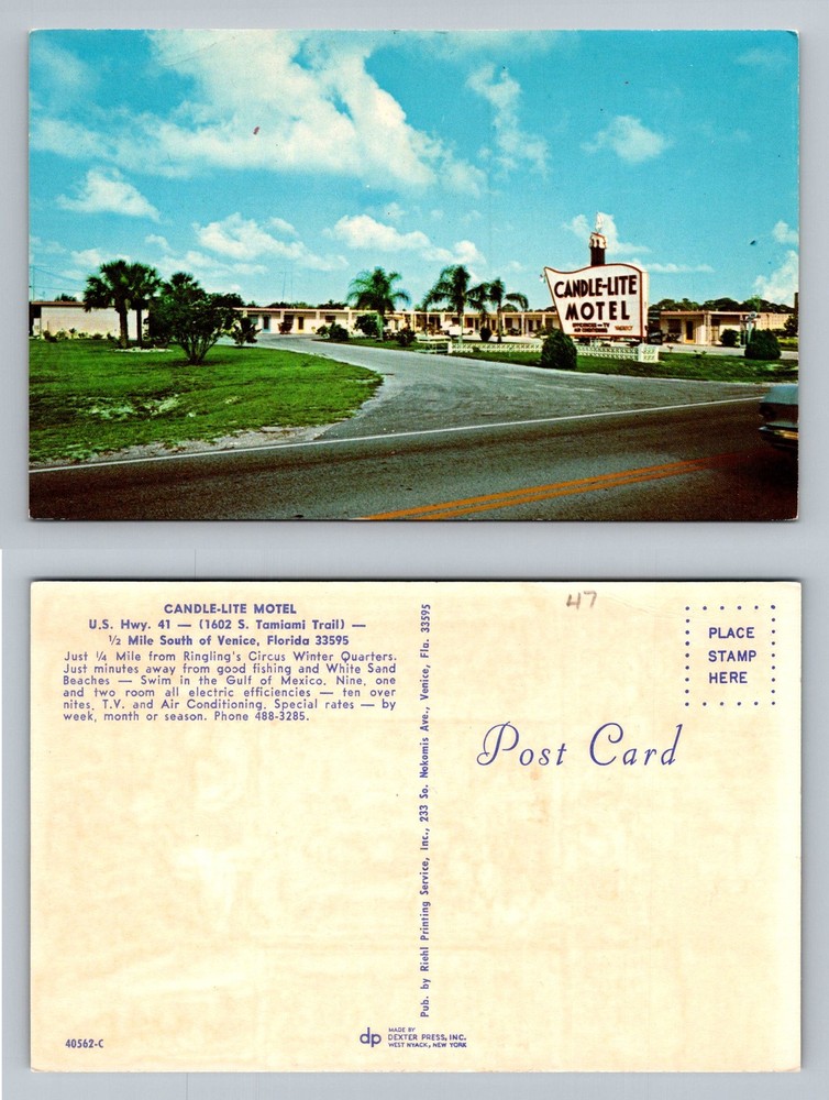 Venice, FL-Florida, Candle-Lite Motel Tamiami Trail Road Sign Vintage Postcard