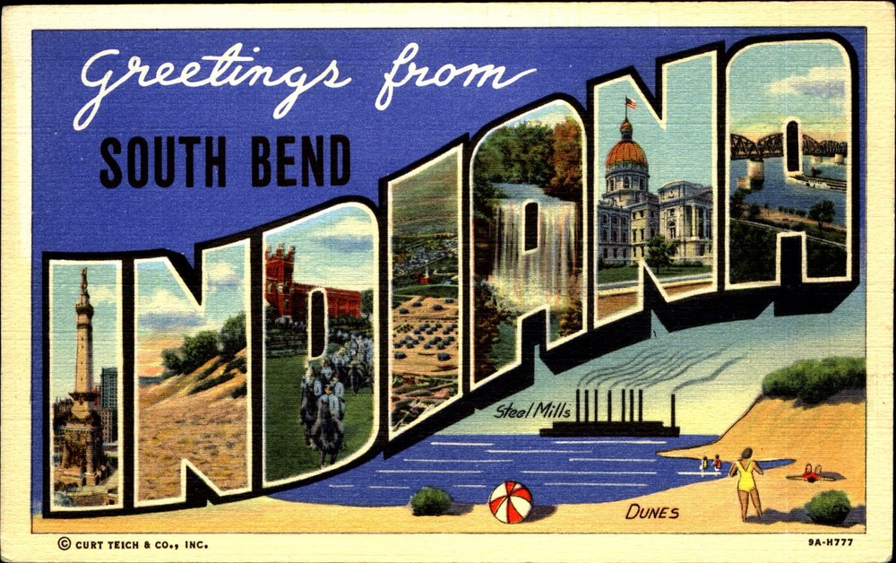 Greetings from SOUTH BEND Indiana ~ Large Letter Linen 1940s ~ Curteich