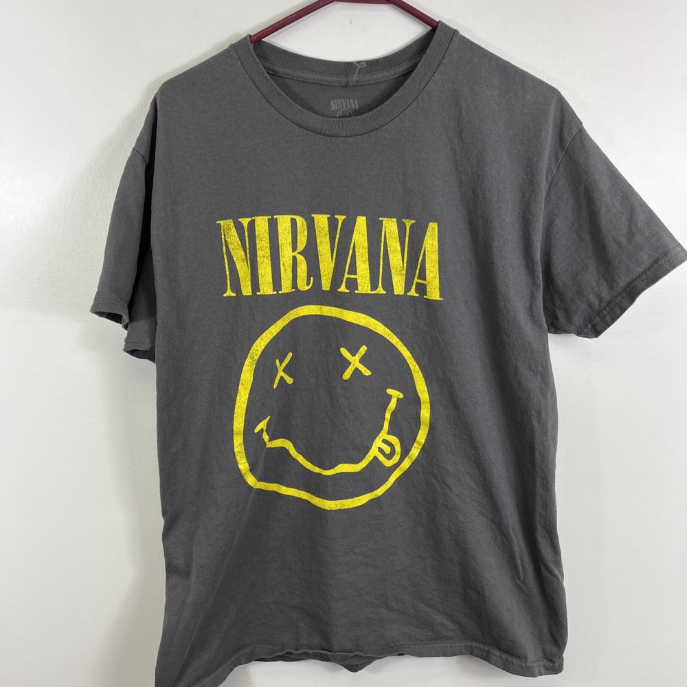 Retro Nirvana Smiley Face Grunge Band Tee Kurt Cobain Vintage T-Shirt Size Lrg