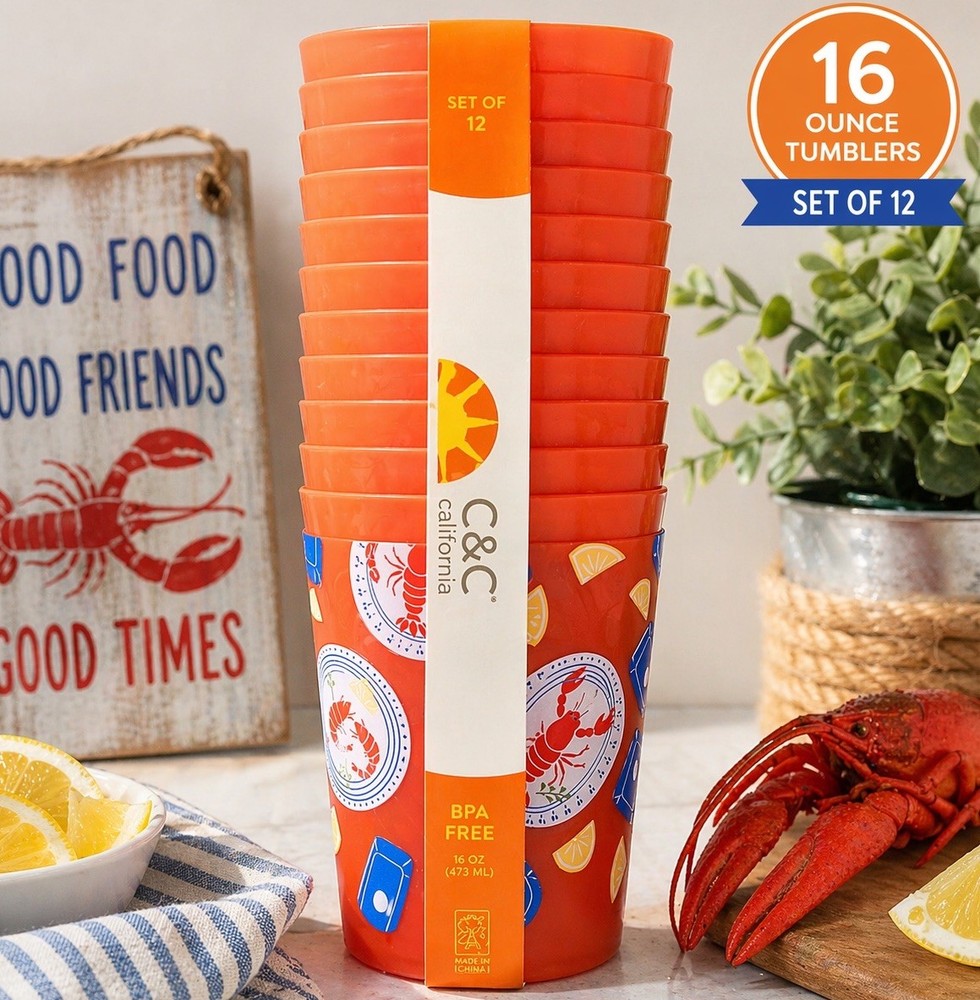 C&C California Lobsters Reusable Acrylic Tumblers - Set of 12 Summer Patio Cups