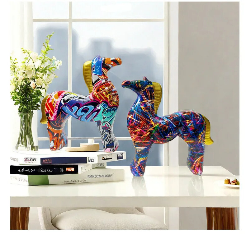Hot Creative Decor Graffiti Nordic Abstract Horse Colorful Figurine Resin Craft-image