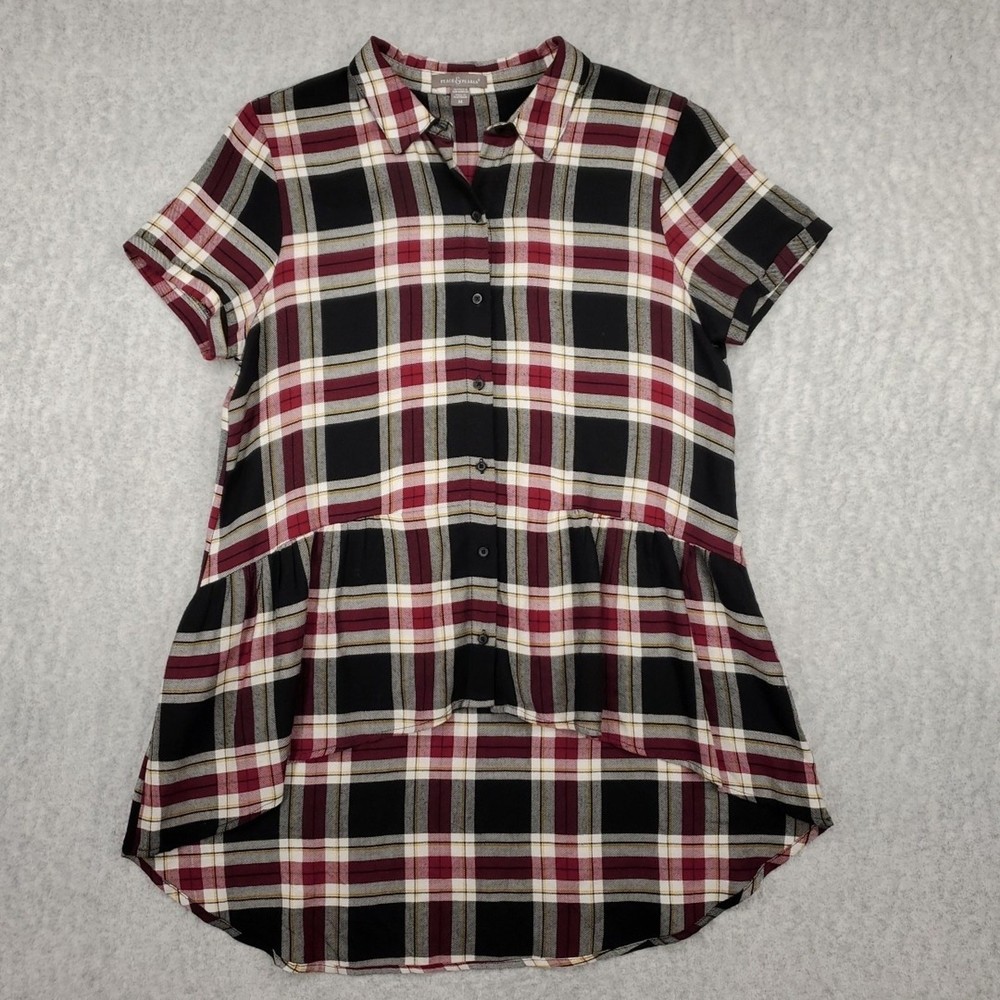 Peace & Pearls Shirt Dress Sz M Black Red Plaid Hi-Lo **PRICE DROPPING DAILY**