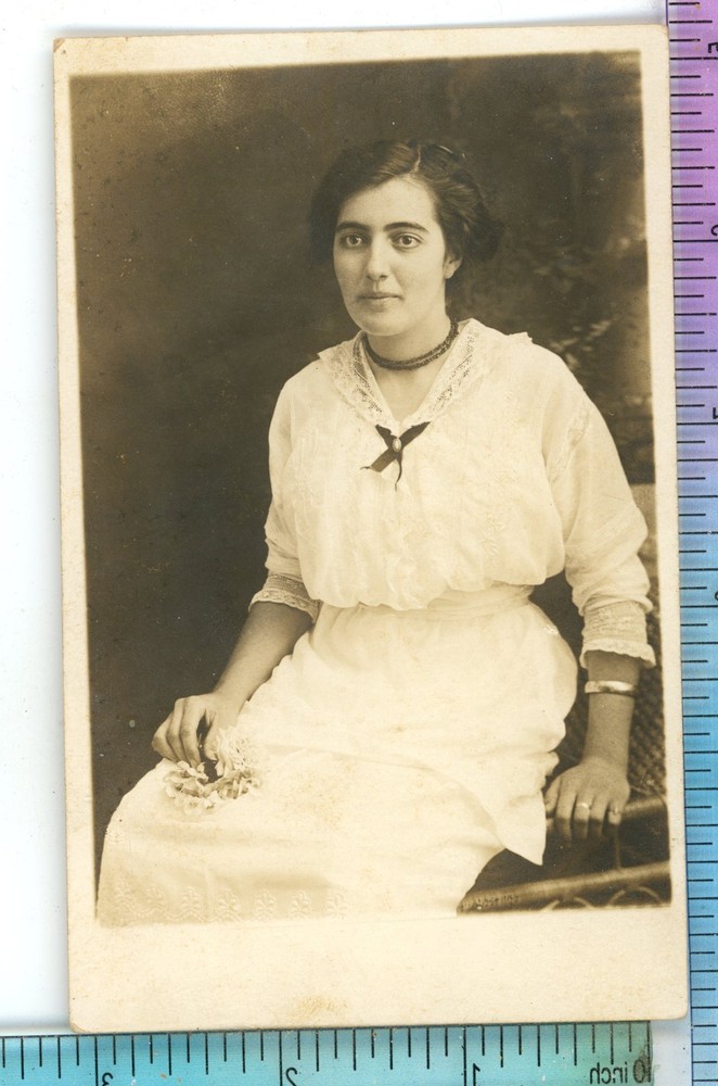 Seated Woman in White Dress Real Photo RPPC Postcard