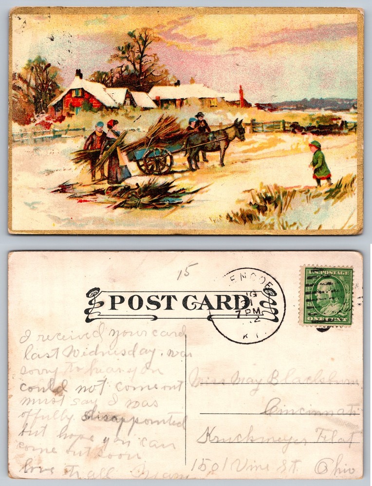 Winter Farm Horse Wagon Snow Scene Postcard