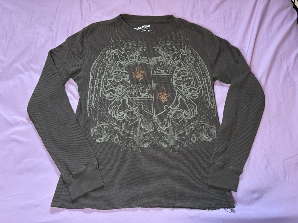 Vintage Y2K Machine Thermal Shirt Mens Medium Brown Long Sleeve Punk Grunge