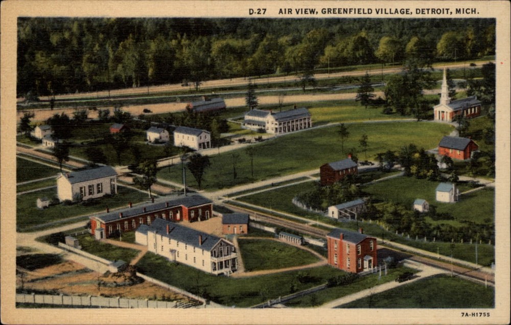 Michigan Dearborn Greenfield Village aerial view ~ 1930s linen postcard  ~ s9853