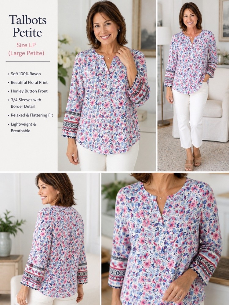 Talbots Petite LP Floral Rayon Blouse Pink Blue Boho Sleeve Soft Top