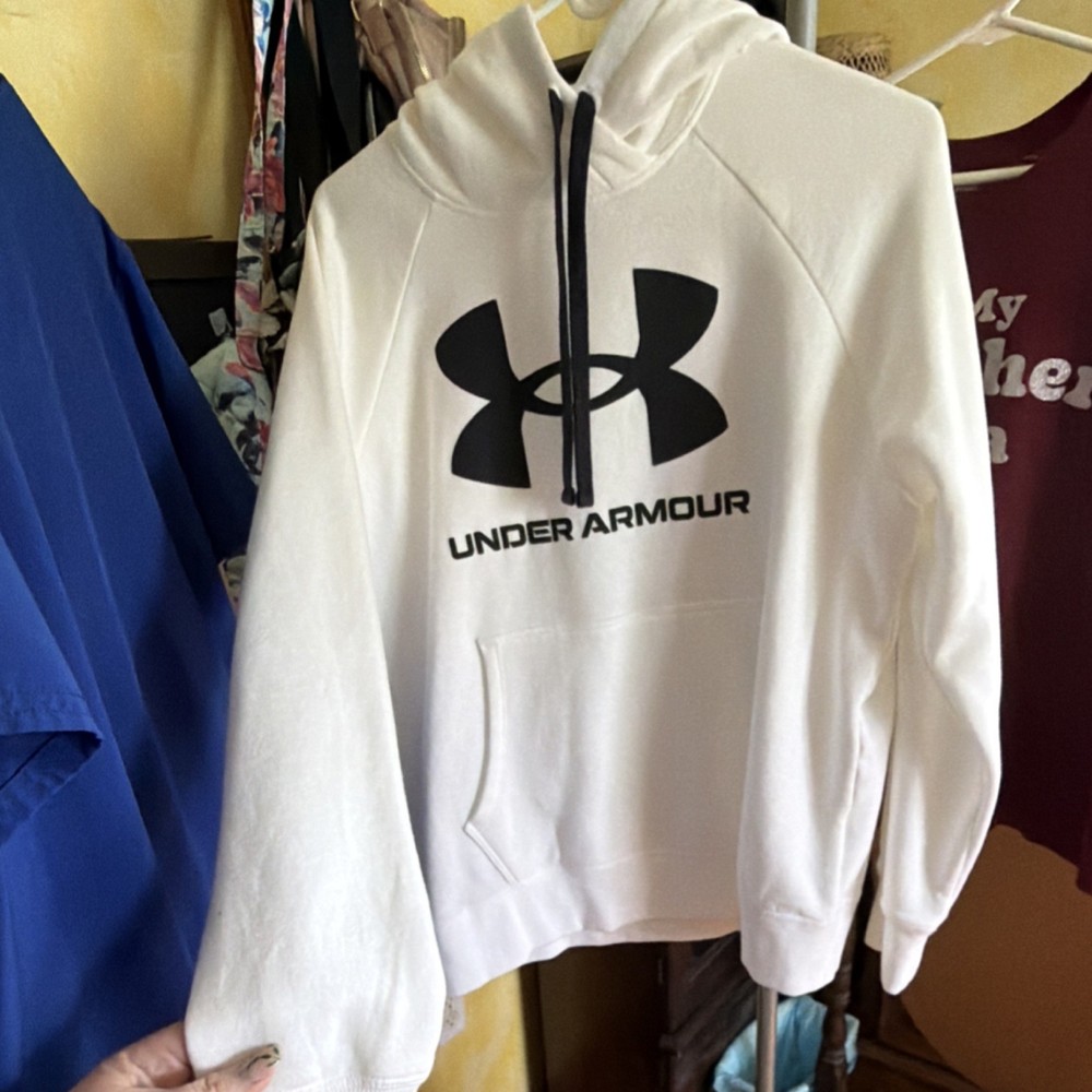 Under Armour White Pullover Hoodie Logo Loose Fit Women XL Long Sleeve