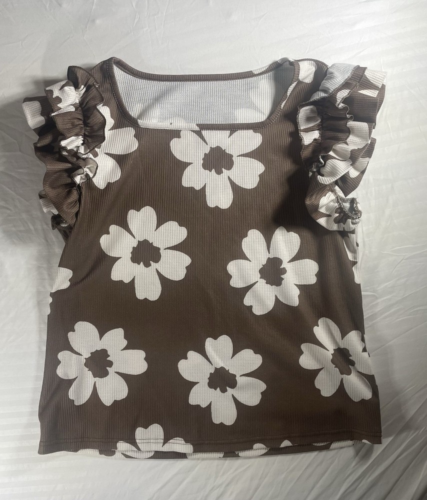 Brown White Floral Waffle Knit Ruffle Sleeve Square Neck Blouse XL Polyester