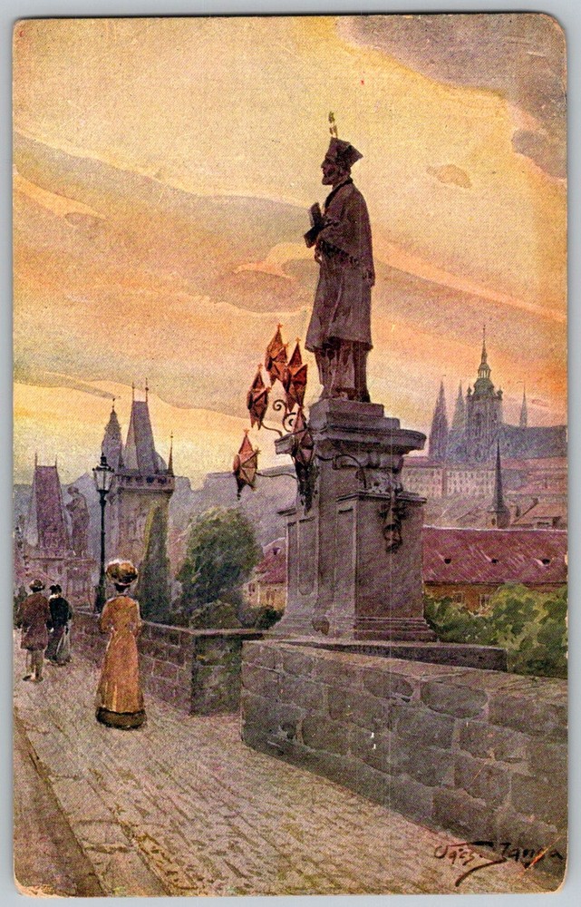 Antique Postcard Statue Of St John Prague, Czech Republic 1910s