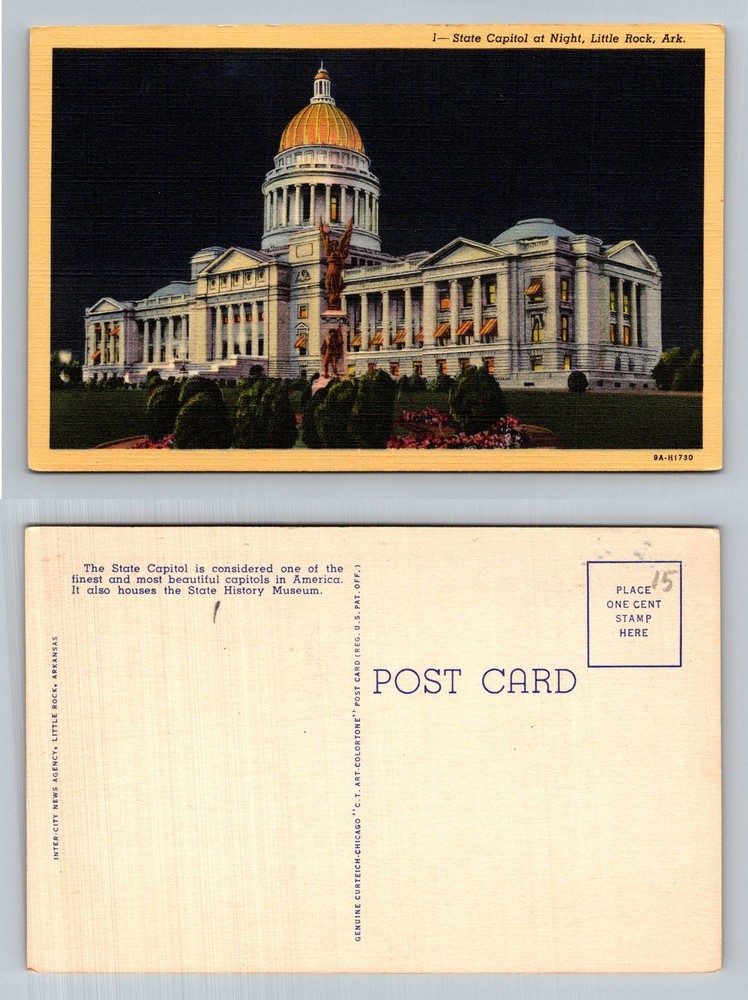 Little Rock, AR-Arkansas, State Capitol At Night Illuminated Vintage Postcard