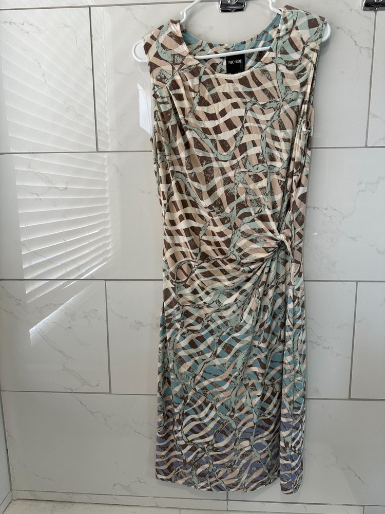 NIC+ZOE Women’s Dress Medium Sleeveless Midi Abstract Brown Blue Beige Ruched