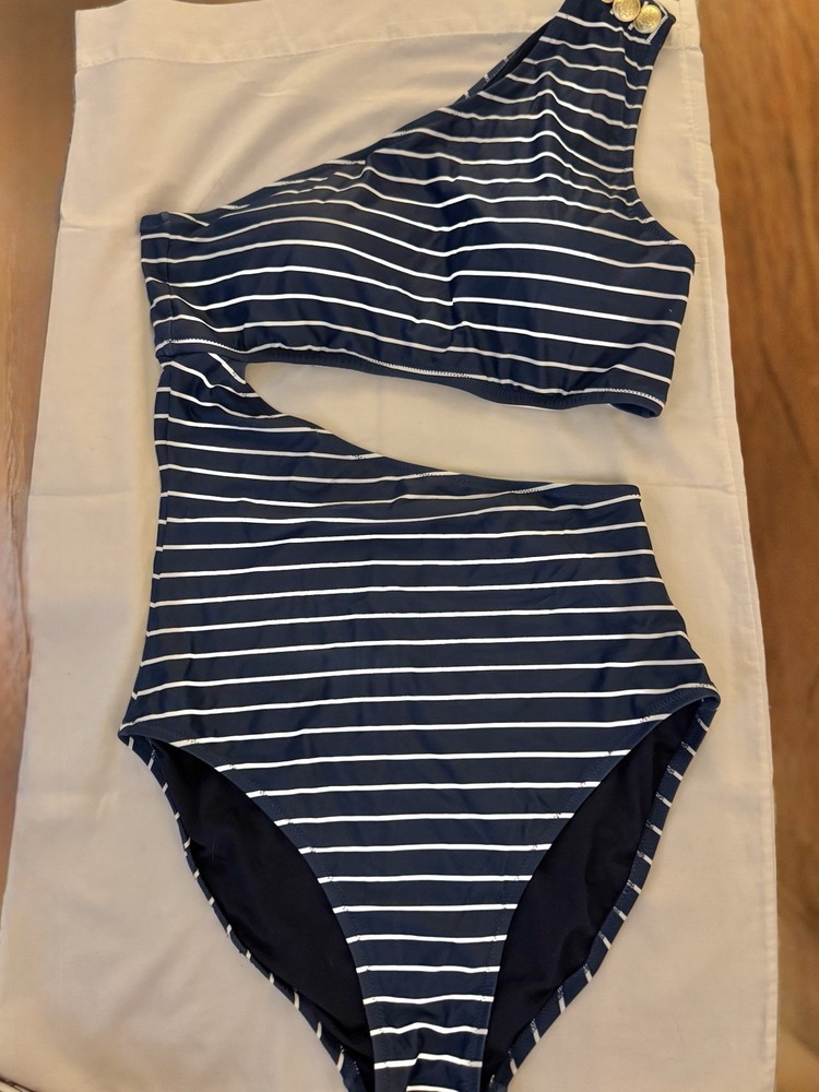 J.CREW One-Shoulder Striped One Piece Swimsuit Navy White Button Accent Size 12