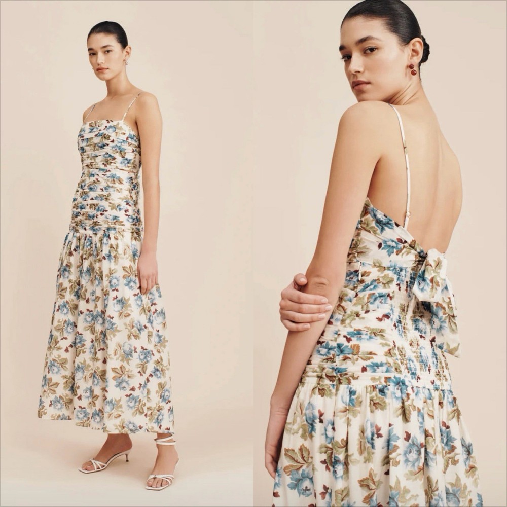 Posse Dress Raquel Size Large Floral Maxi Romantic Wedding Flowy Ruched 50's