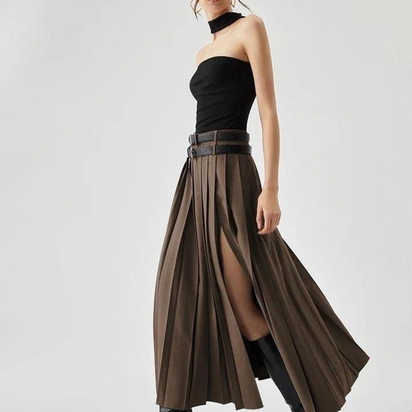 Commense Brown Pleated Split Maxi Skirt Without Belt Small