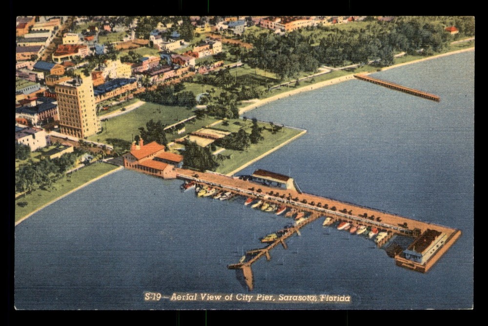 Aerial View City Pier Sarasota Florida FL Linen Water Buildings Postcard Unp