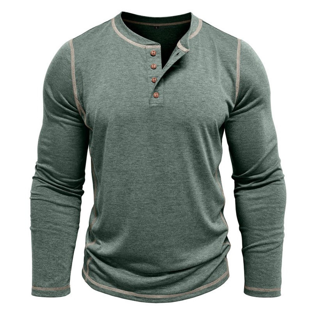 Men’s Solid Color Henley Long Sleeve Button-Up Shirt for Autumn