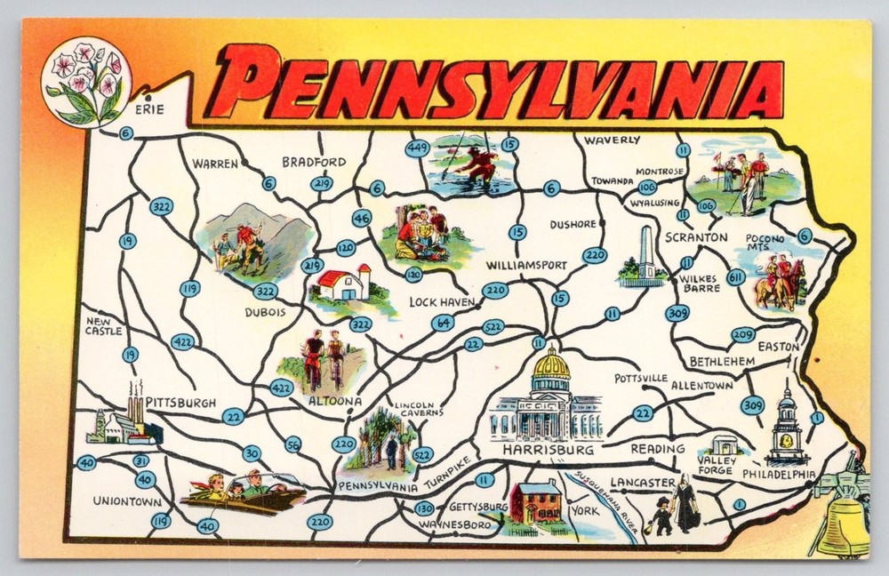 Vintage Pennsylvania Pictorial Map Postcard - Plastichrome Colourpicture
